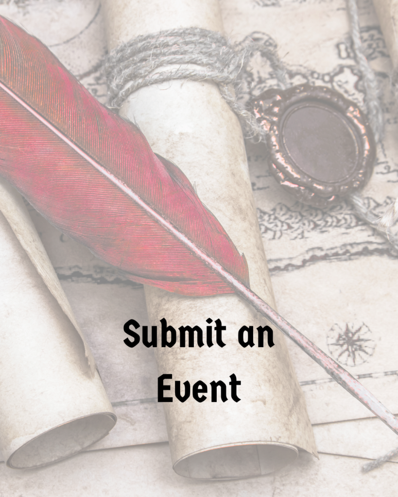 A red feather on top of two rolled up scrolls, one tied with twine and a medallion around it. The words "Submit an Event" are at the bottom. 