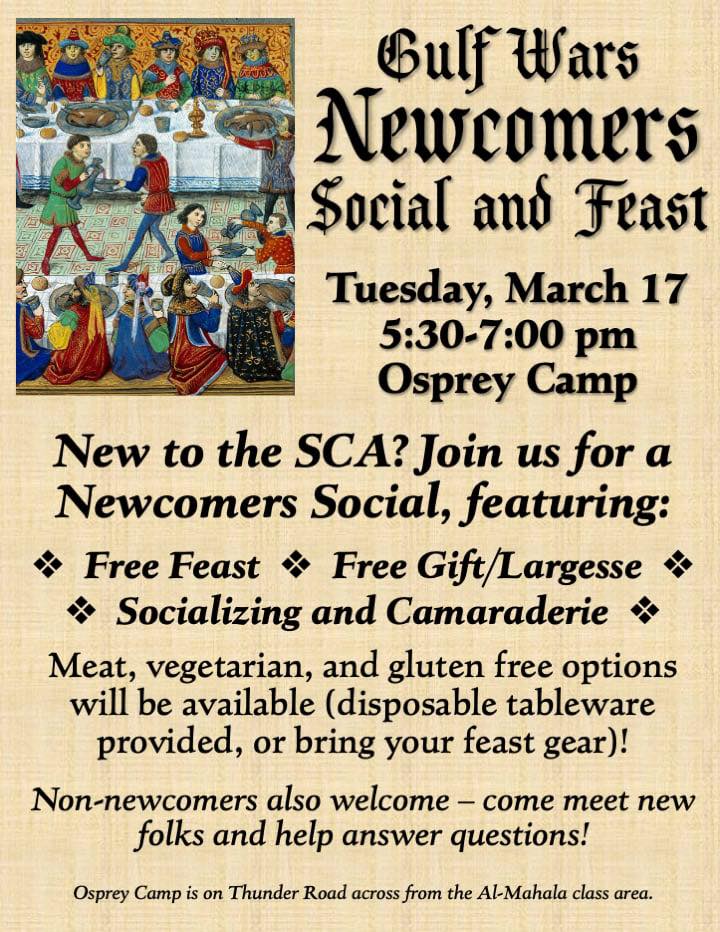 Flyer for the Newcomers Social and Feast on March 17 at Osprey Camp.